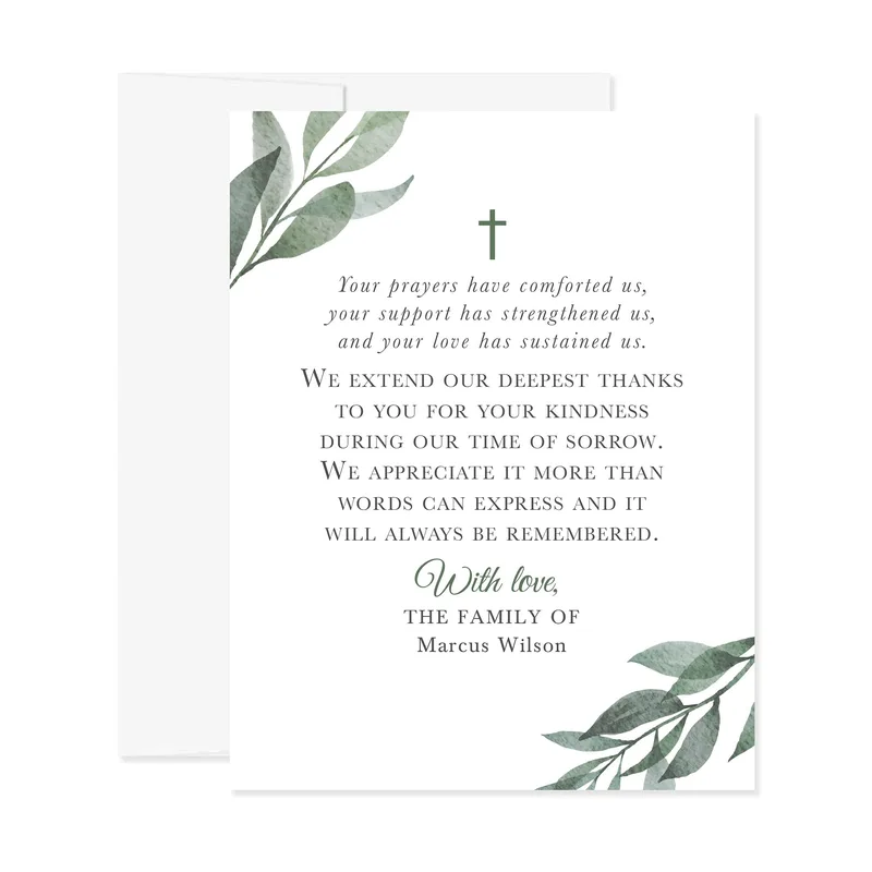 Greenery Cross Leaves Sympathy Card featuring watercolor foliage