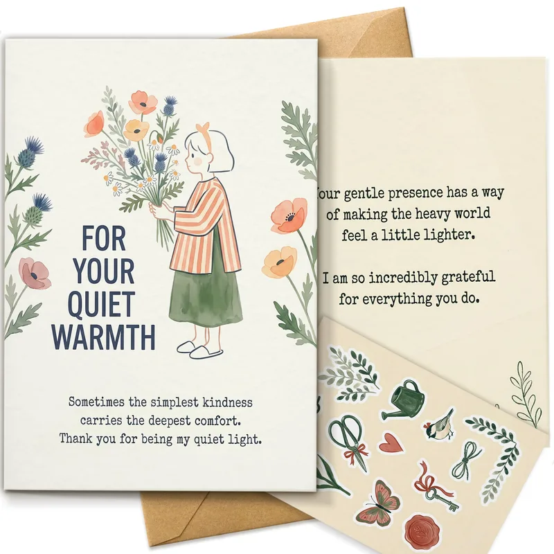 Woman Holding Wildflowers Thank You Card for Quiet Warmth
