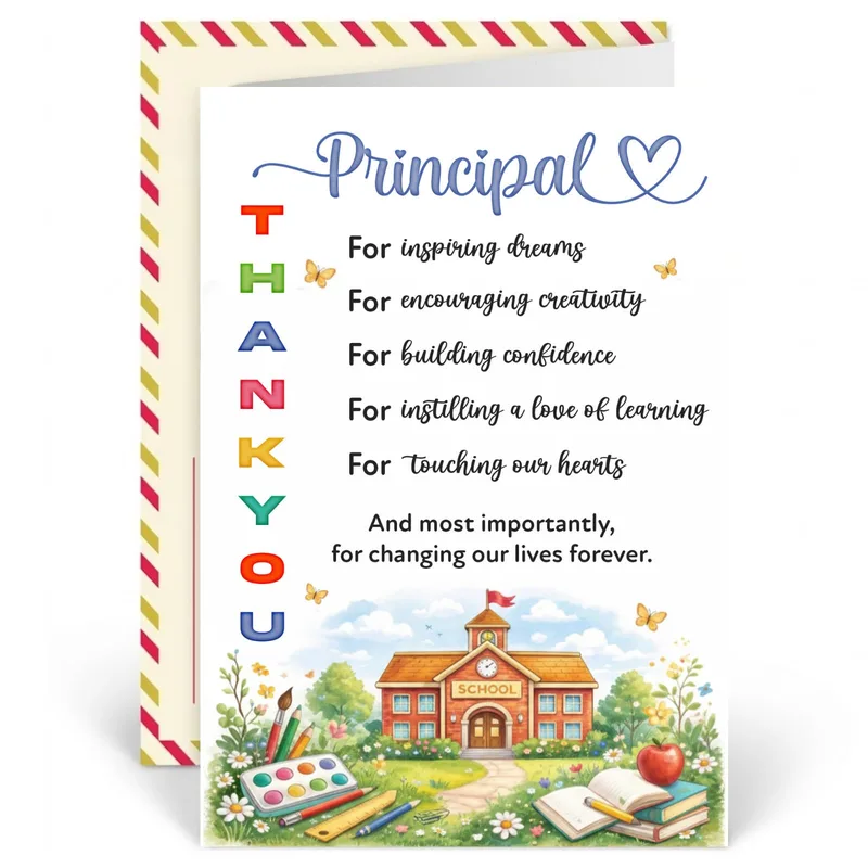 School Building Scene Teacher Card: A Principal Appreciation Design