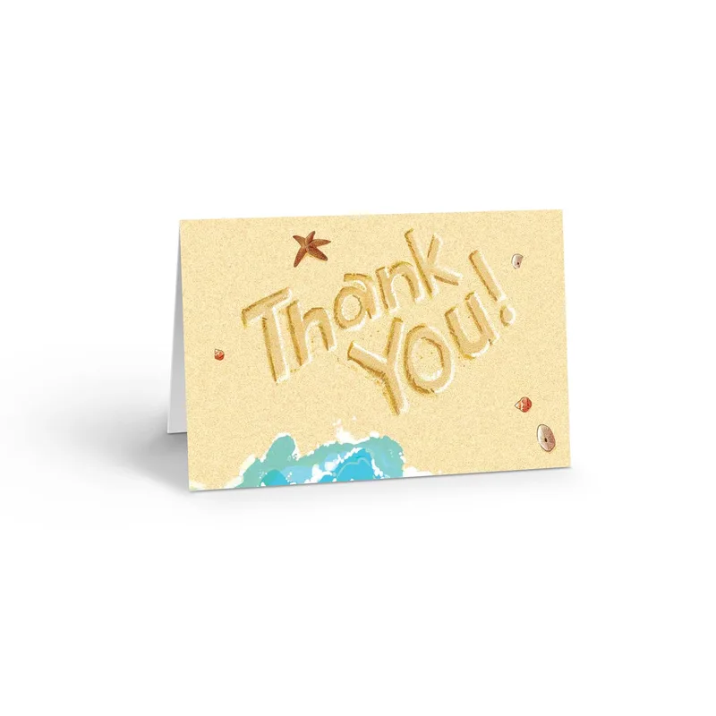 Sand Ocean Wave Thank You Card – Carved thank you message in sand with starfish and ocean wave – Greeting Card in natural