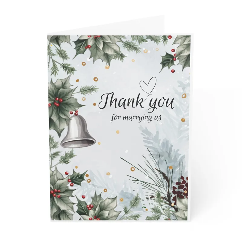 Winter Holly Bell Wedding Card: A Festive Thank You Note