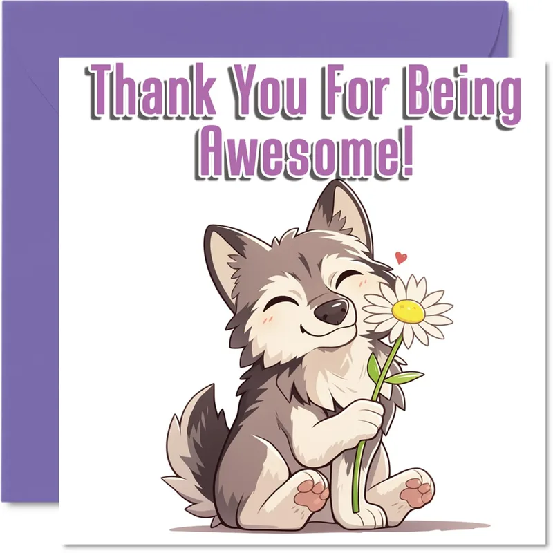 Wolf Daisy Thank You Card for Kids Who Love Cute Animals