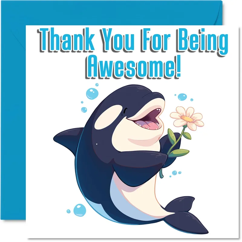 Orca Flower Thank You Card for Kids Who Love Marine Life