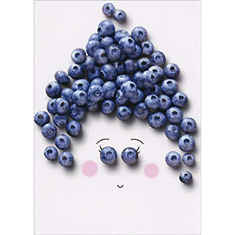 Blueberry Cluster Face Card – A cute face formed by blueberry hair and berry eyes with pink cheeks – Greeting Card in natural
