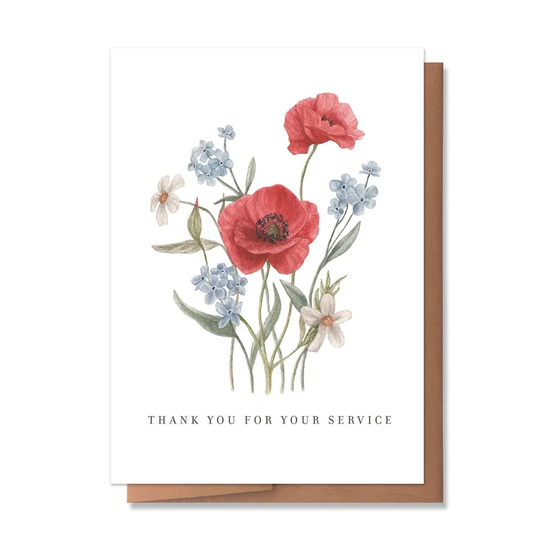 Poppy Blue Flowers Thank You Card for Military Service