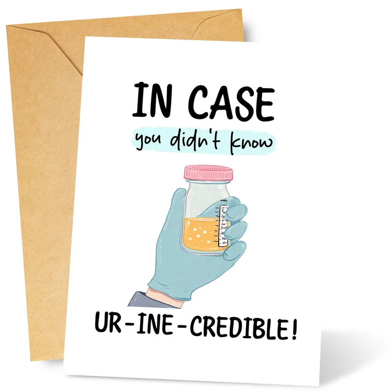 Gloved Hand Urine Jar Card – Gloved hand holding a specimen jar with a pun about being credible – Greeting Card in natural