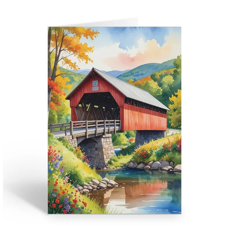 Red Covered Bridge Scene Card – Greeting Card in natural