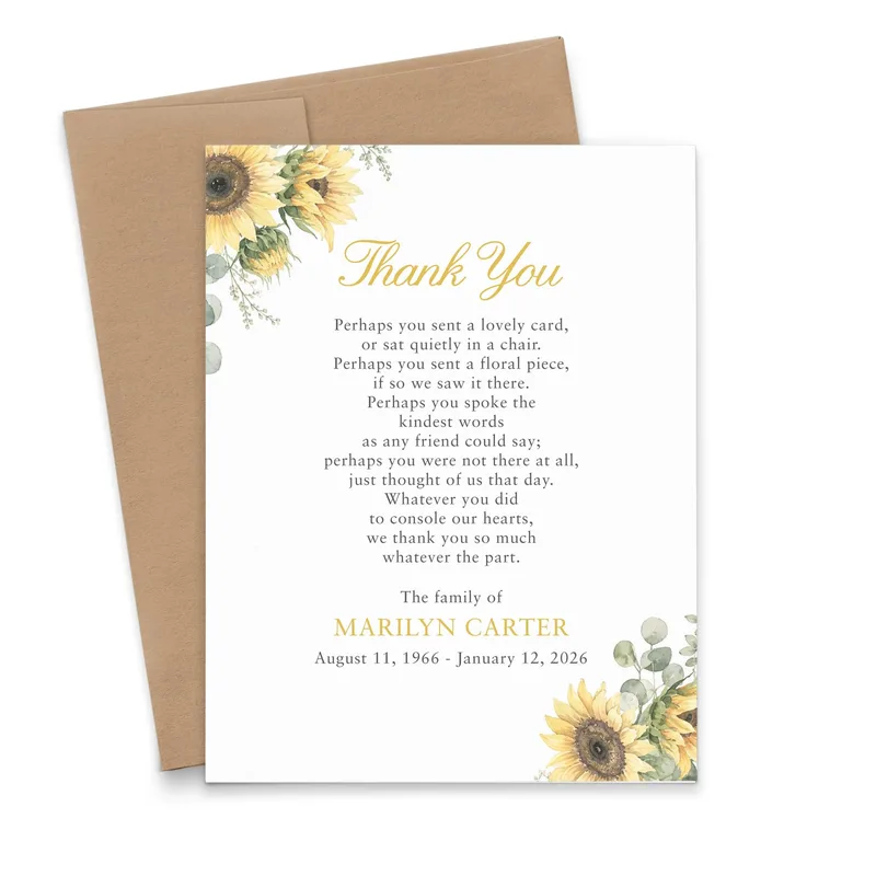 Sunflower Border Memorial Sympathy Card Thank You Note for Funerals