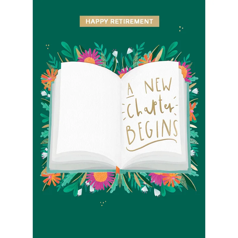Open Book Floral Retirement Card Celebrating a New Chapter Begins