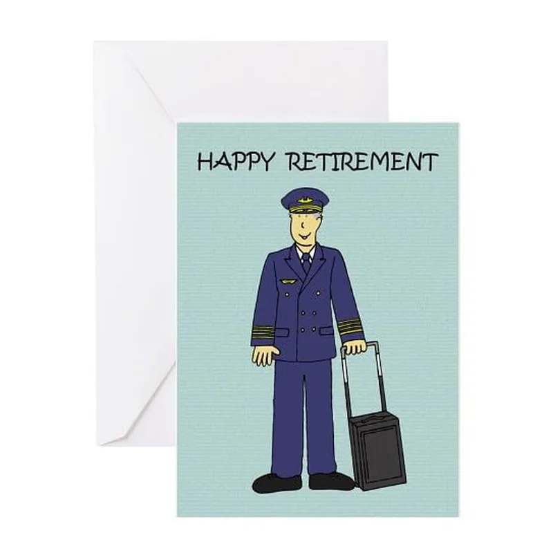 Pilot Suitcase Retirement Card features a cartoon captain