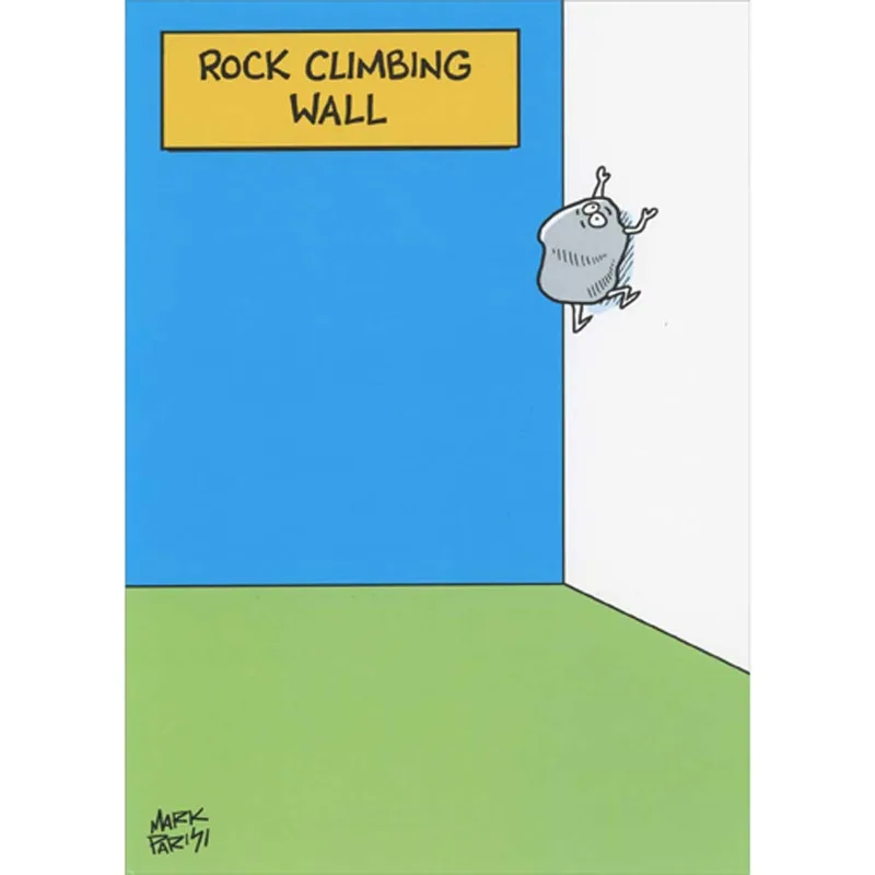 Blue Green Cartoon Wall Card: A Funny Rock Climbing Illustration