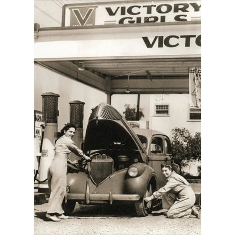 Vintage Sepia Gas Station Card: A Retro Tribute to Women Mechanics