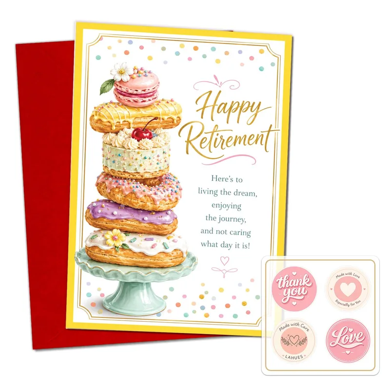 Pastry Stack Gold Retirement Card featuring a tall tower of macarons