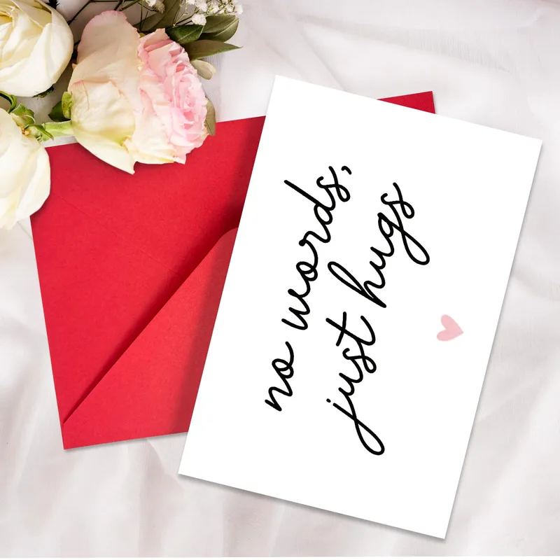 Script on Red Envelope Card – No words just hugs script card with pink heart and red envelope – Greeting Card in natural