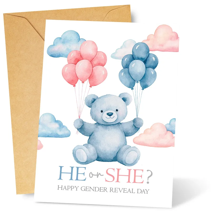 Blue Teddy Balloons Pregnancy Card: He or She Gender Reveal Design