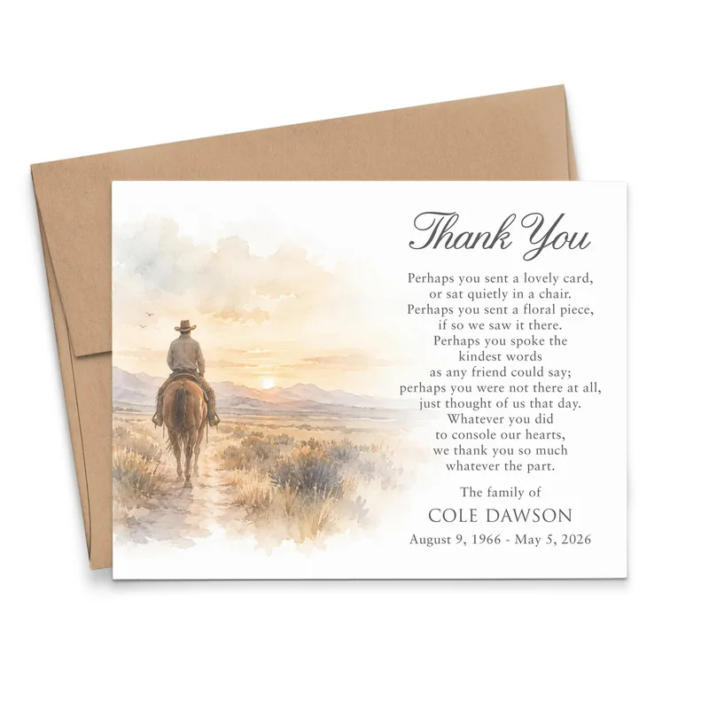 Cowboy Horseback Sunset Sympathy Card: Western Memorial Thank You Note