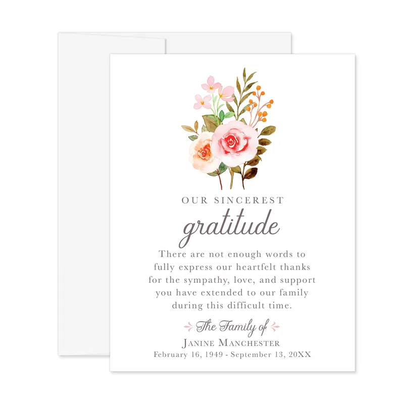 Pink Rose Bouquet Sympathy Card Expressing Gratitude for Support
