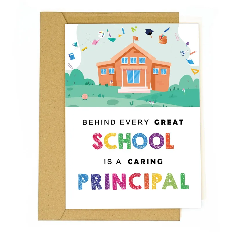 Colorful School Building Teacher Card for Principals