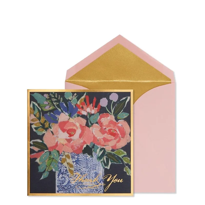 Roses Floral Painting Thank You Card with Gold Script and Vase