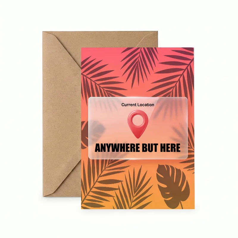 Palm Leaf Pattern Retirement Card: Anywhere But Here Travel Joke