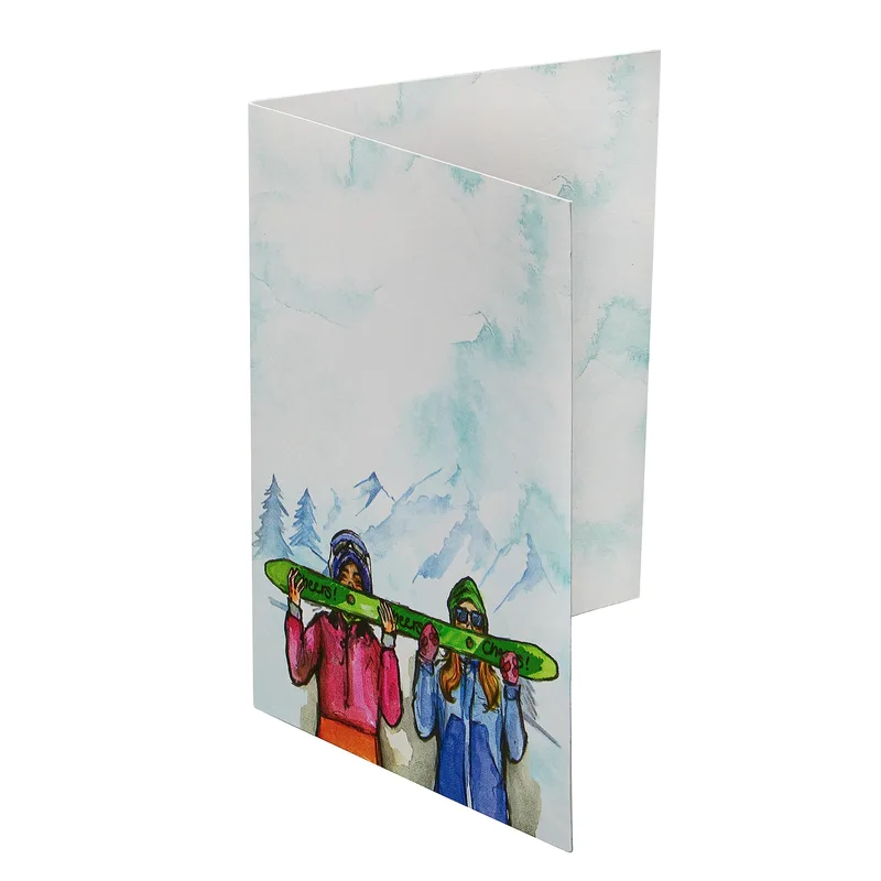 Watercolor Mountain Snowboarders Card for Ski Trip Thanks