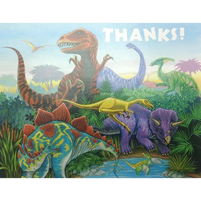 Dinosaur Landscape Painting Thank You Card – Colorful dinosaurs with the word THANKS! above them – Greeting Card in natural