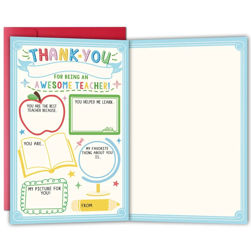 Awesome Teacher Card with colorful fill-in apple book design