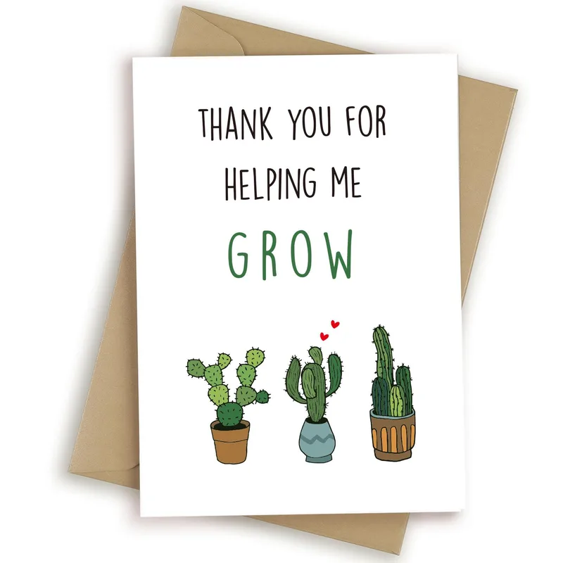Cactus Thank You Card – Thank you for helping me grow card with three cartoon cacti in pots – Greeting Card in black