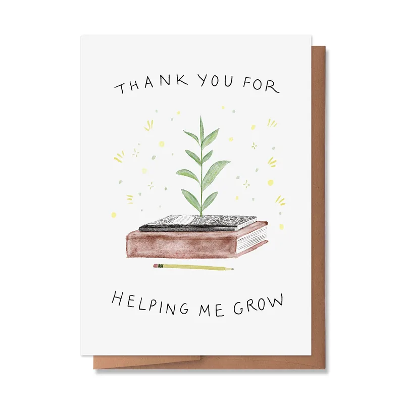 Thank You for Helping Card – Sprout growing from books, printed THANK YOU FOR HELPING ME GROW – Greeting Card in black