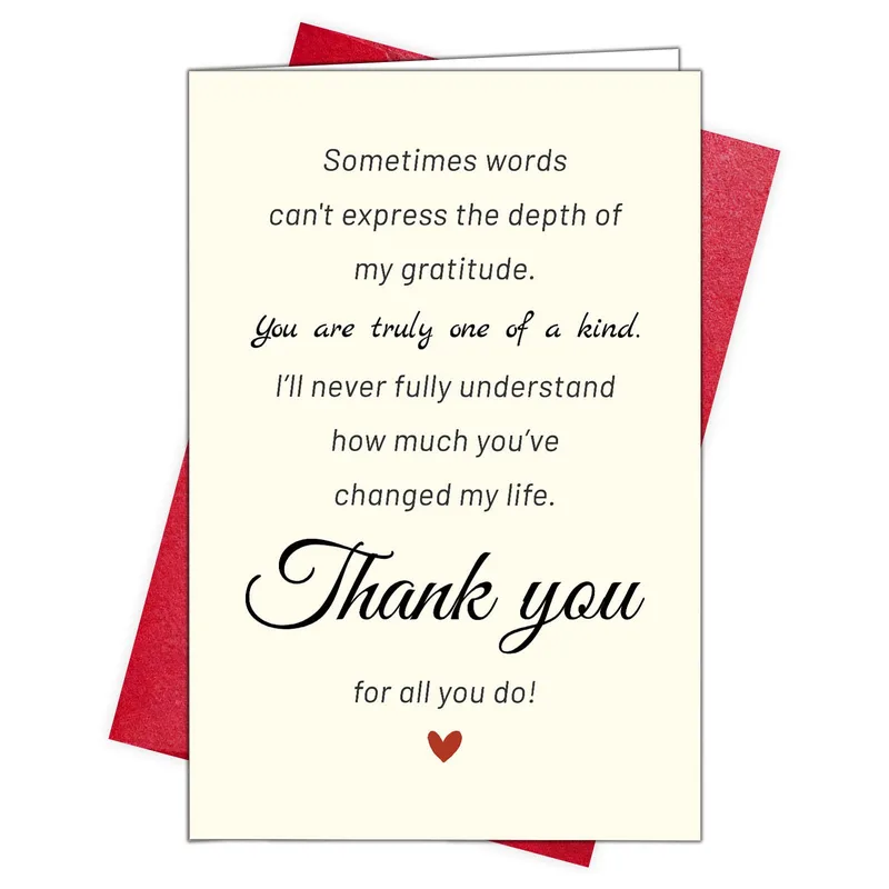 Sometimes words can't express Card – Cream card with script Thank You and a red heart – Greeting Card in black