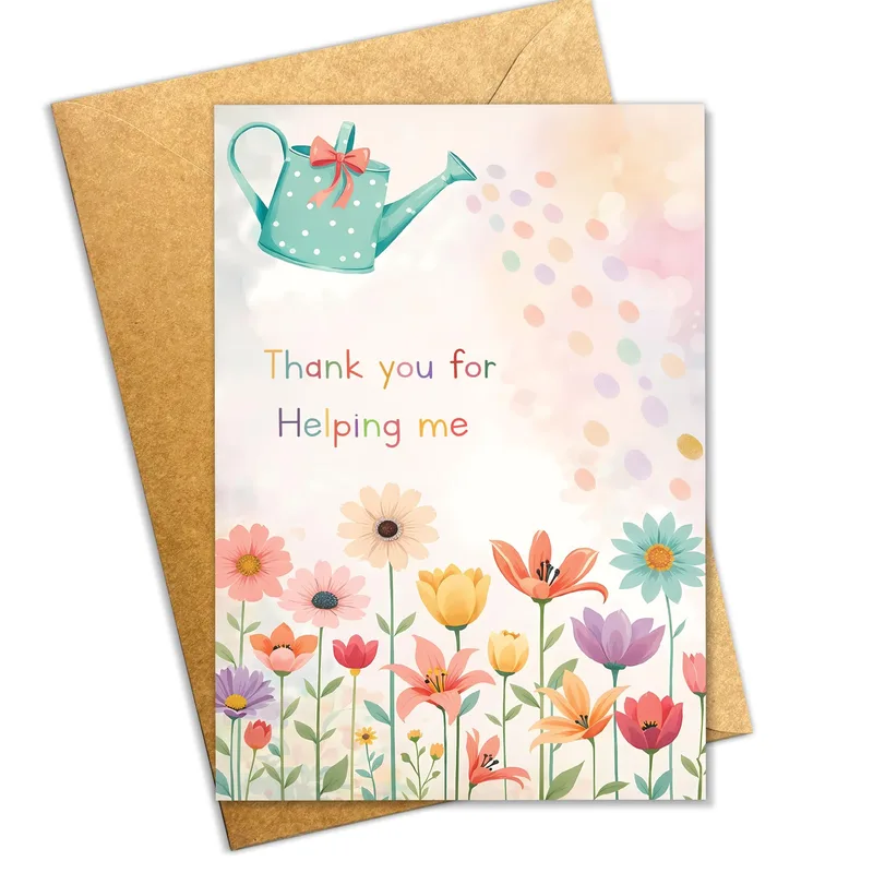 Thank You Helper Card – Watercolor watering can and flowers reading Thank you for Helping me – Greeting Card in black
