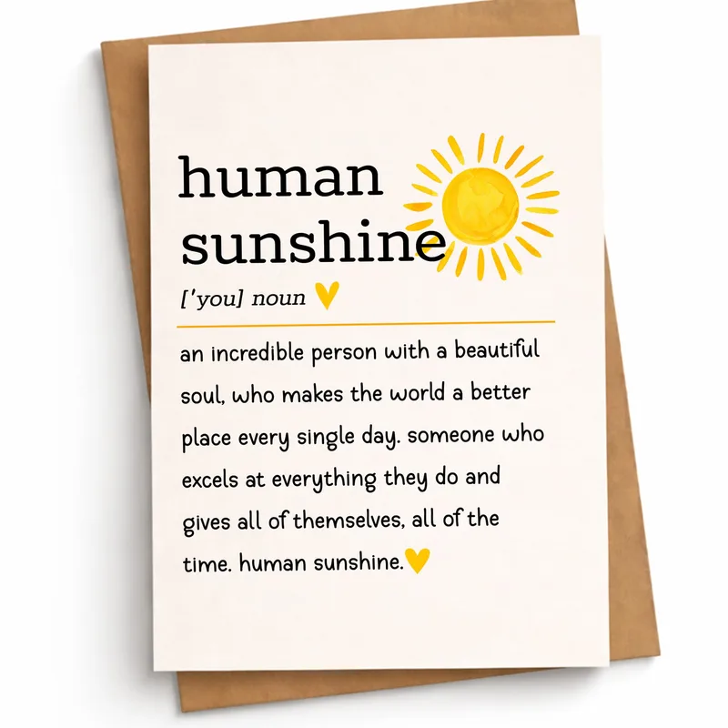 Sunshine Person Card – Dictionary entry for human sunshine with yellow sun and hearts – Greeting Card in black