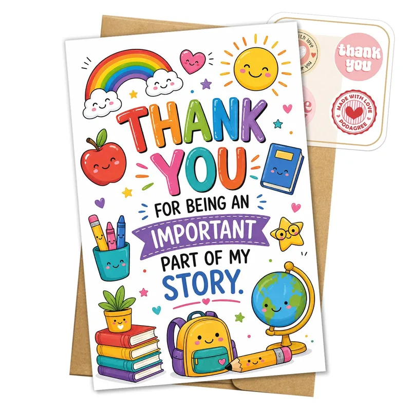 Colorful Cartoon School Supplies Card for Teachers