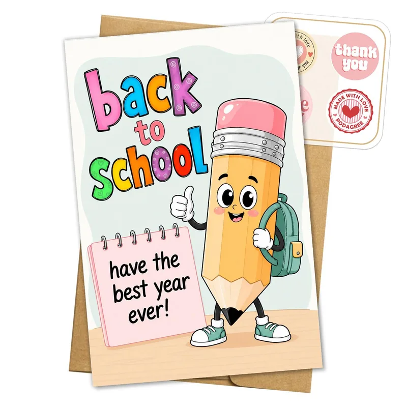 Back to School Card for Students with Cartoon Pencil Mascot