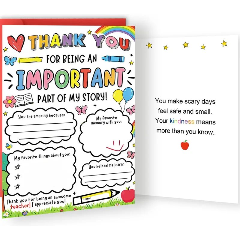 Colorful Kids Fill-In Card features a rainbow and crayon art