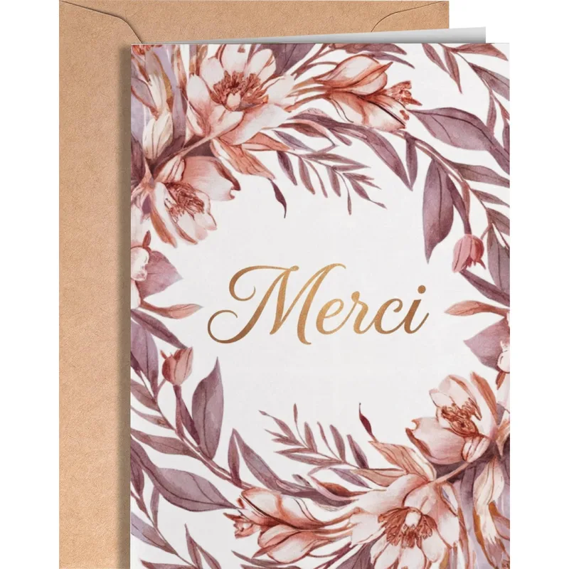 French Merci Card with Rose Floral Watercolor Wreath