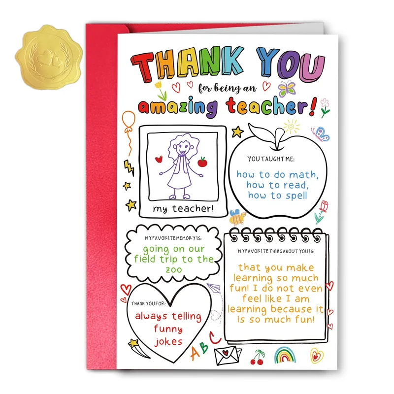 Colorful Child Doodle Drawing Card for a Favorite Teacher