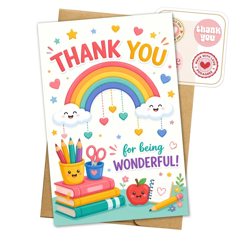 Wonderful Teacher Card: Rainbow School Supplies Thank You