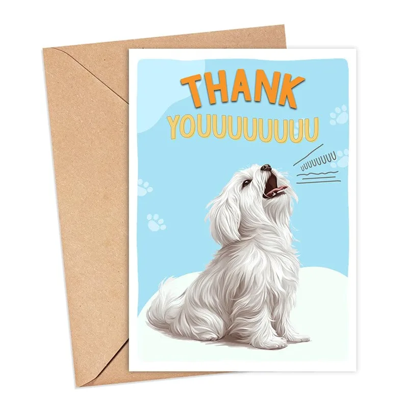 Howling Maltese Dog Card – White Maltese howling, printed THANK YOUUUUUUUU on blue – Greeting Card in black
