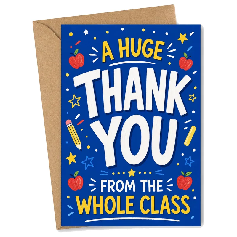Class Thank You Card – Blue thank you card reading A HUGE THANK YOU FROM THE WHOLE CLASS – Greeting Card in black