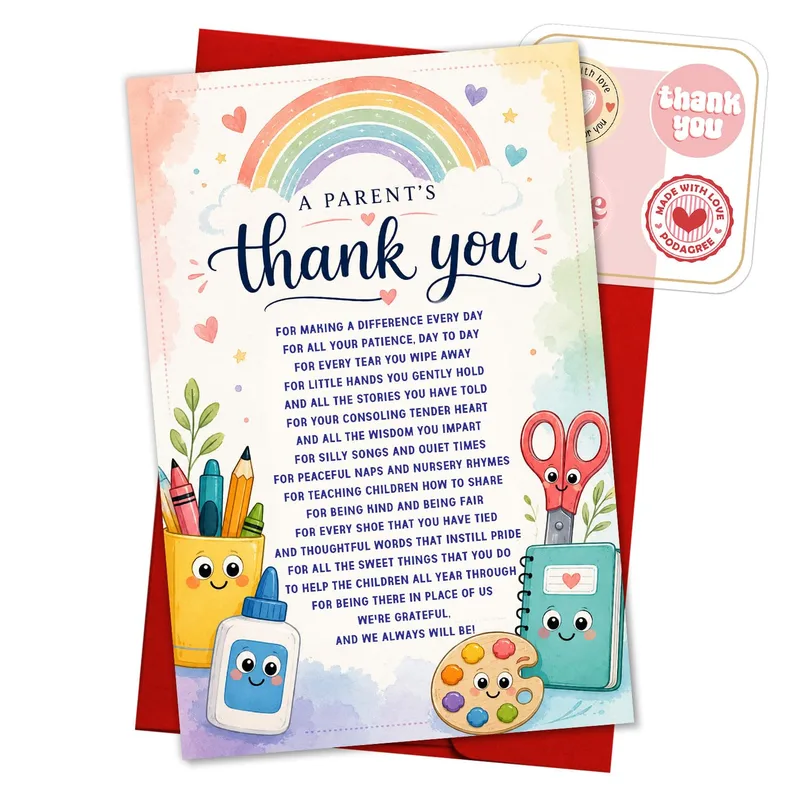 Preschool Teacher Card: A Rainbow Thank You With School Supplies
