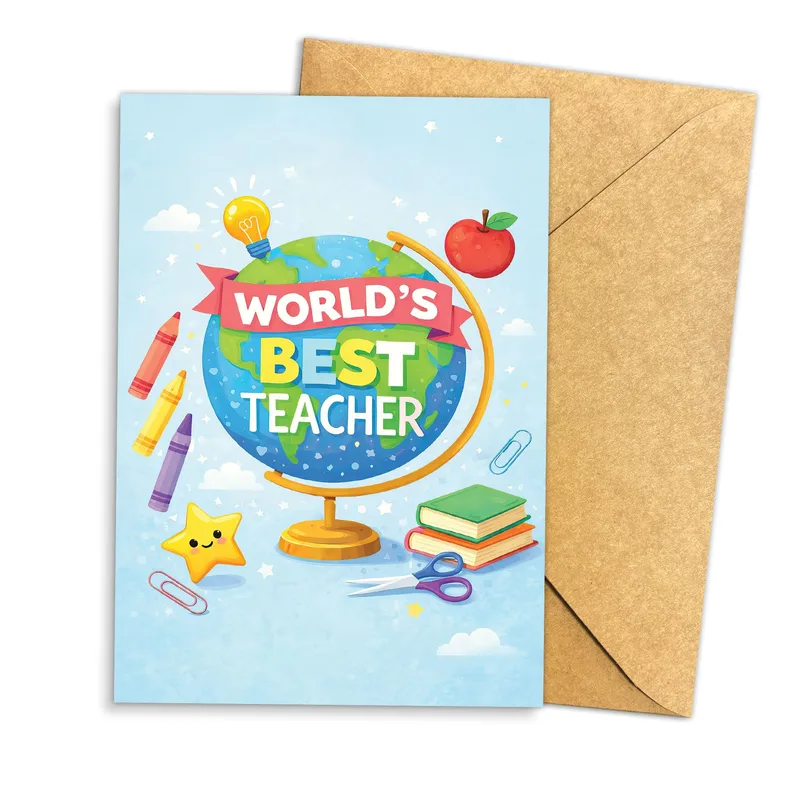 World's Best Teacher Card with a Bright Globe Design