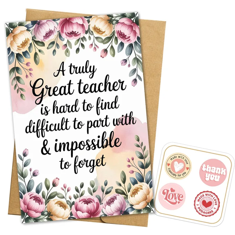 Floral Teacher Gift Card – Pink watercolor peonies around a teacher thank you message – Greeting Card in black