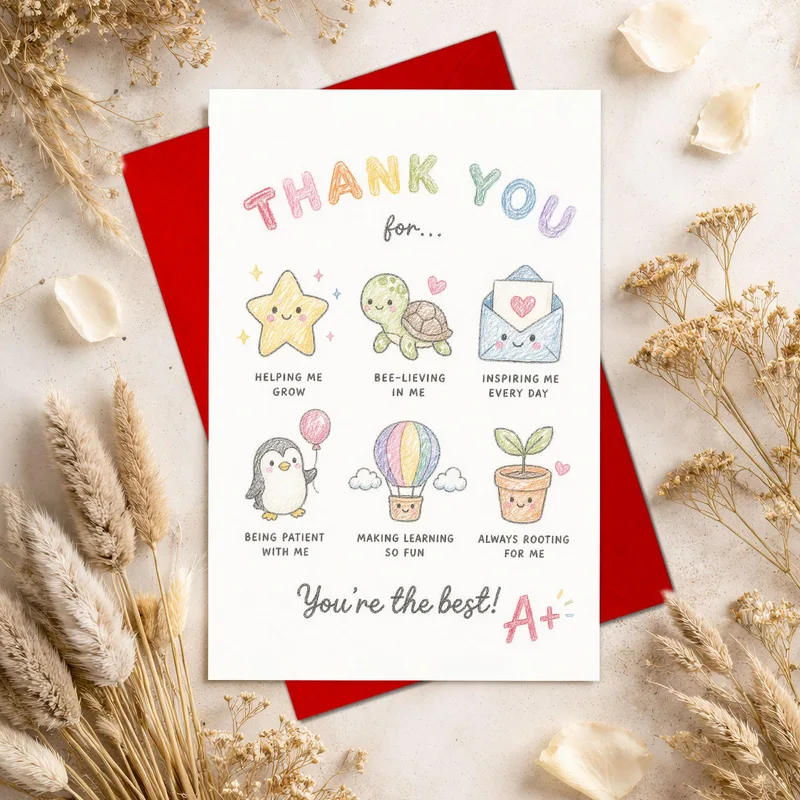 Pastel Crayon Cartoon Icons Card for Teacher Appreciation