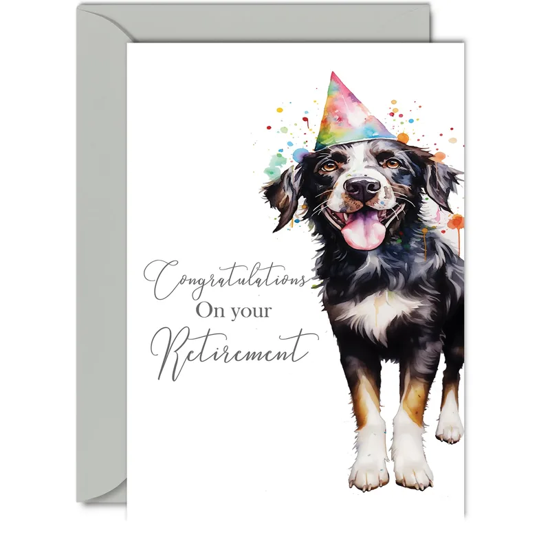 Dog Party Hat Retirement Card featuring a watercolor dog