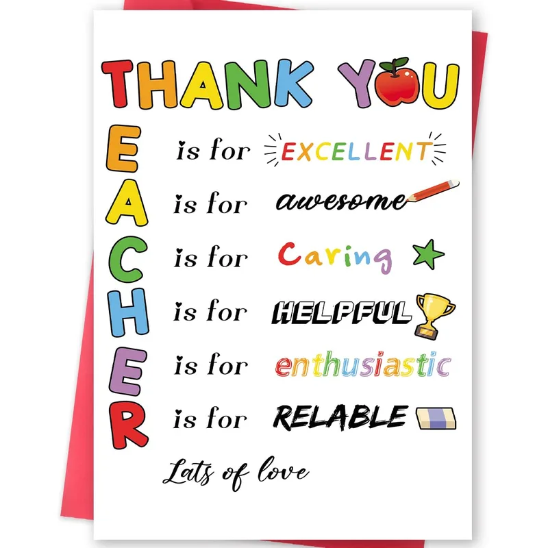 Colorful Acrostic Lettering Teacher Card features a rainbow