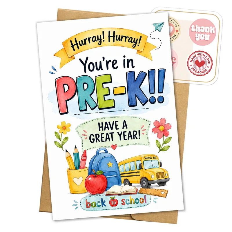 Colorful Pre-K School Bus Card Celebrating Preschool with Fun Artwork