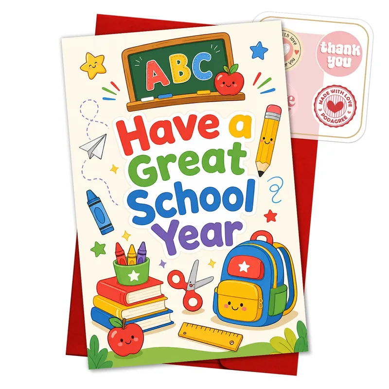 Red Envelope School Supplies Card for a Fun First Day of Class