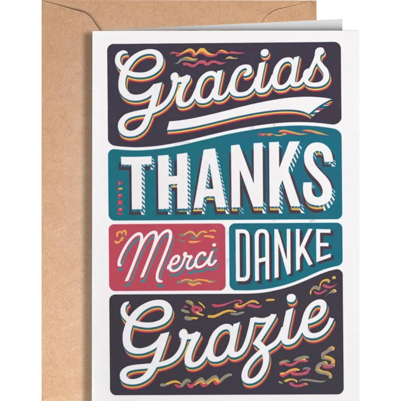 Multilingual Thanks Typography Thank You Card for Global Gratitude
