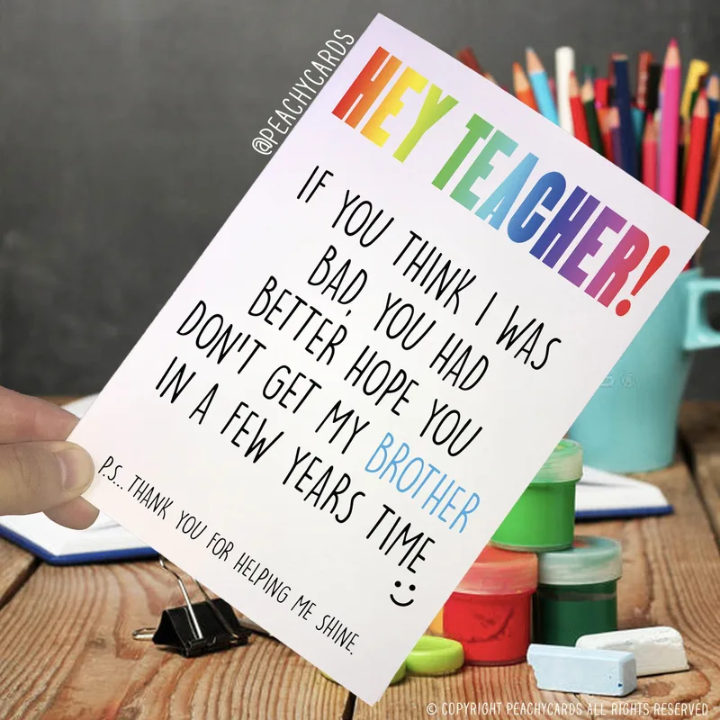 Funny Note Desk Teacher Card features a rainbow note warning